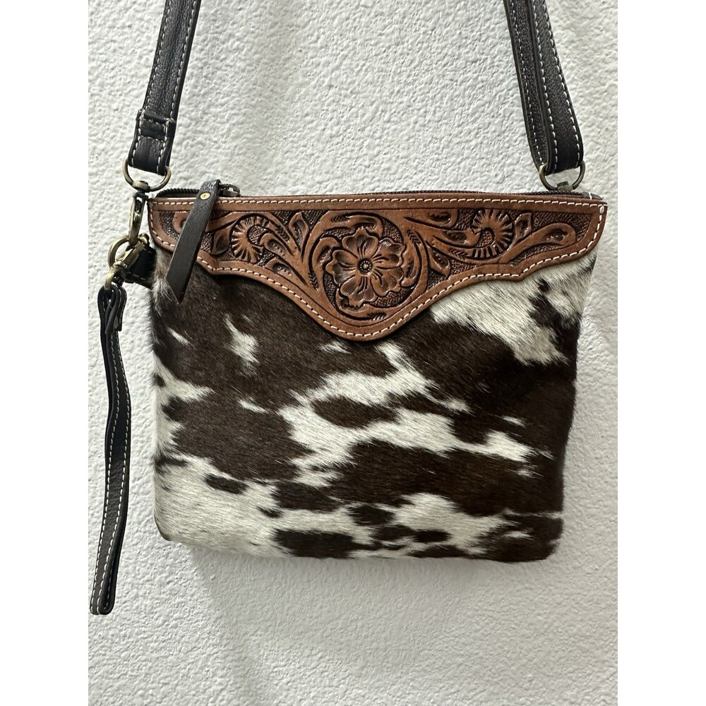 Boho Ranch Leather Hair-On Cowhide Hand Tooled Leather Texas Crossbody